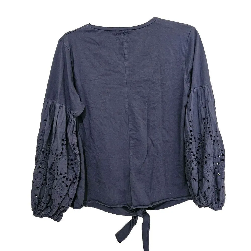 Grace & Emma Eyelet Sleeve Tie Front Top Blouse Womens Size S Cotton Blue Boho - Image 2