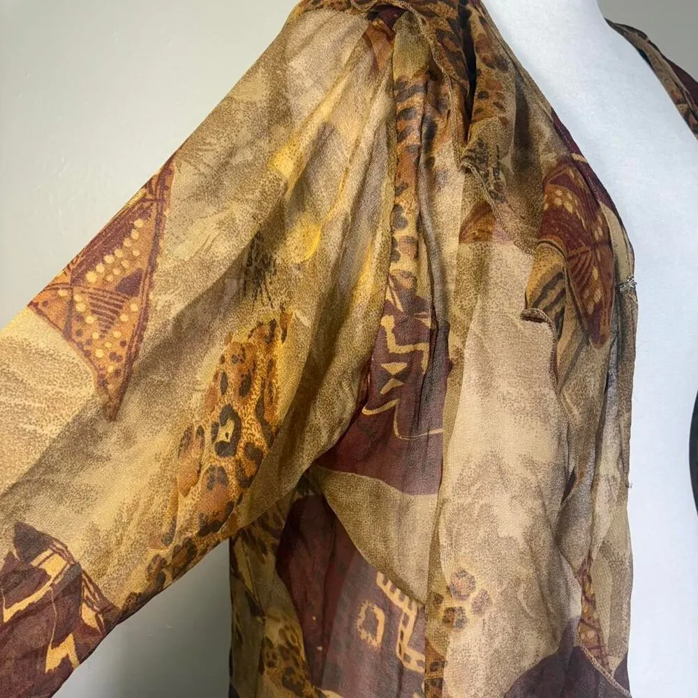 VTG 90s Sz 14 Sheer Earthy Cardigan Shrug Ruffle Trim Cover‎ Up Leopard Print Brown - Image 2