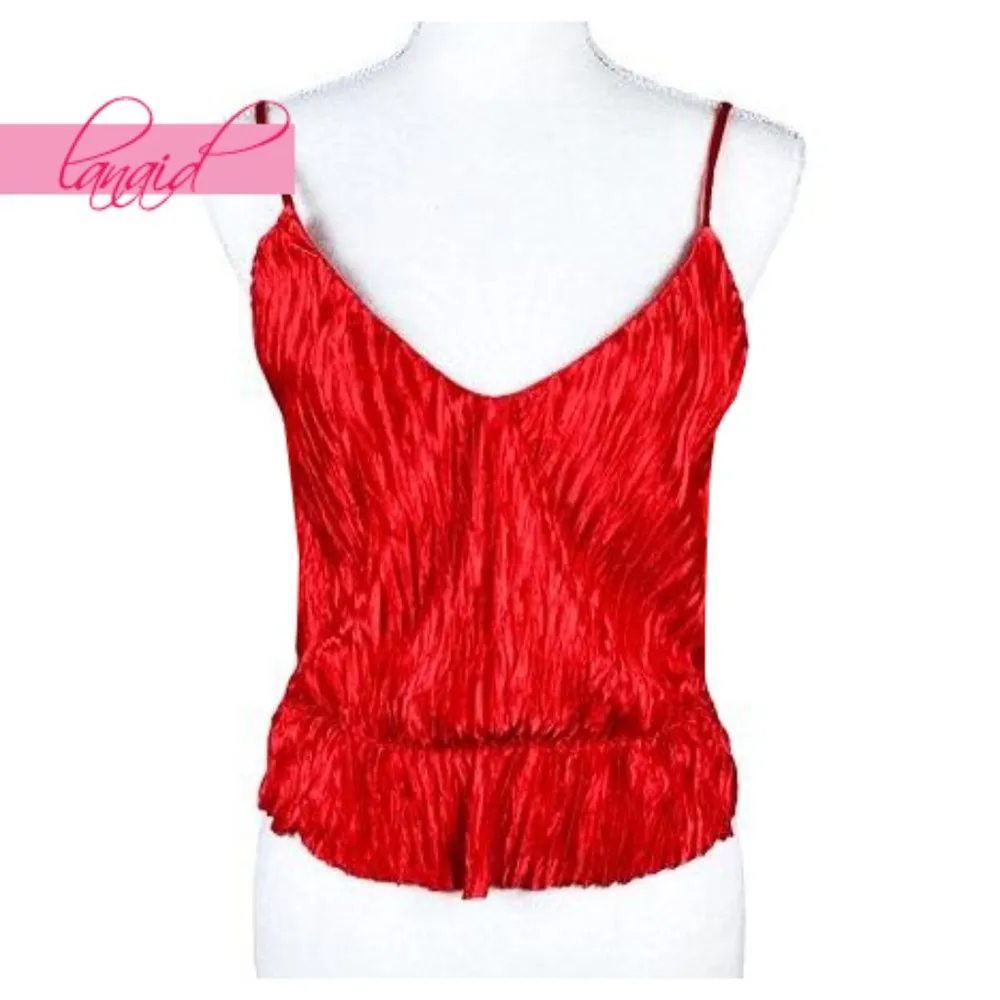 Crinkle Effect Peplum Tank Red Shiny Silk Satin V-Neck Cami Camisole Top M - Image 4
