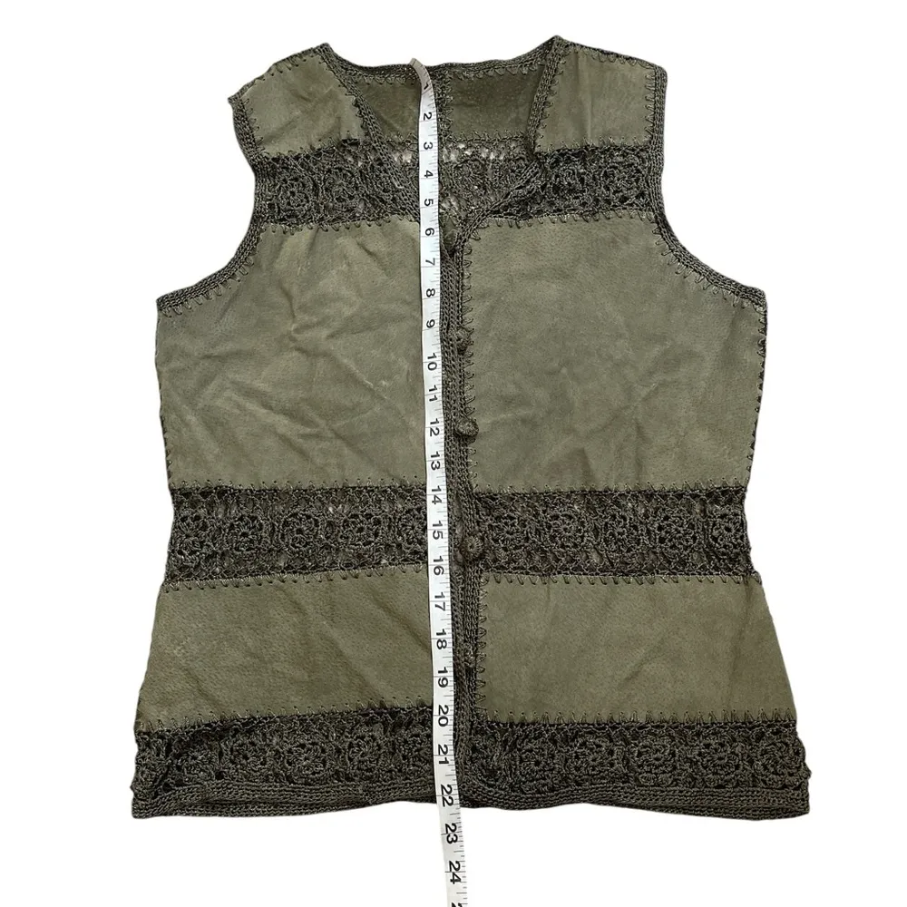 Boho Olive Green Crochet Leather Vest - Image 4