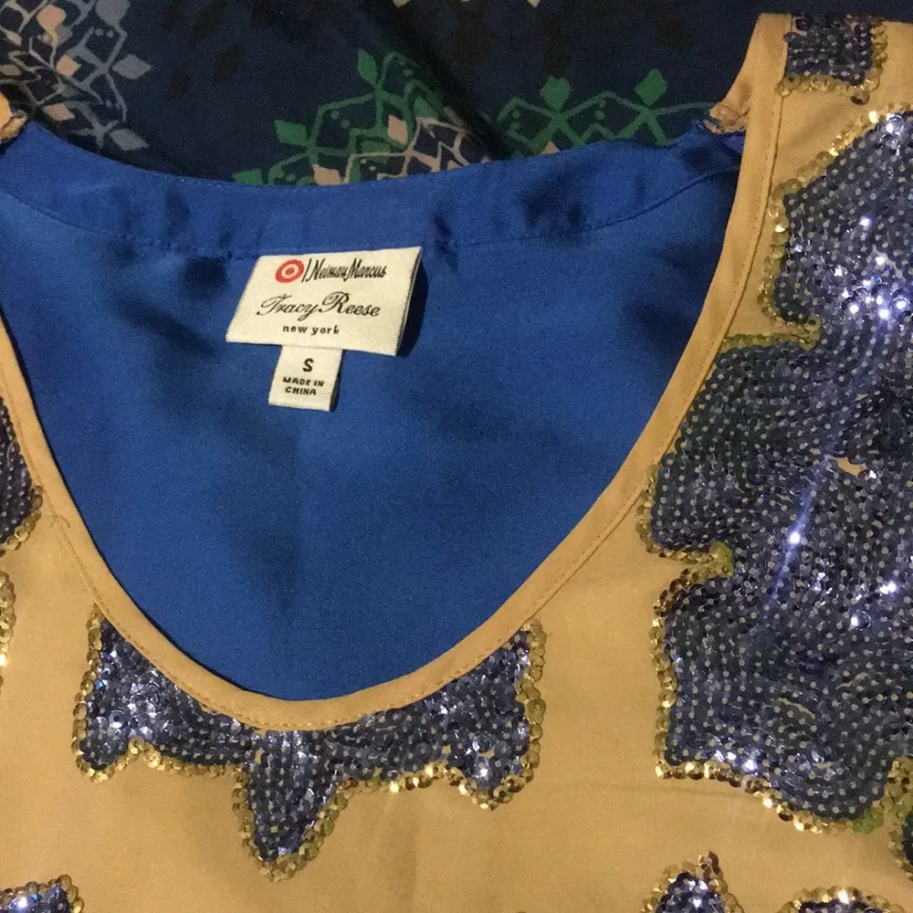 Tracy Reese for Neiman Marcus Target Blue Ecru Sequined Blouse Top $79.99 EUC S - Image 4
