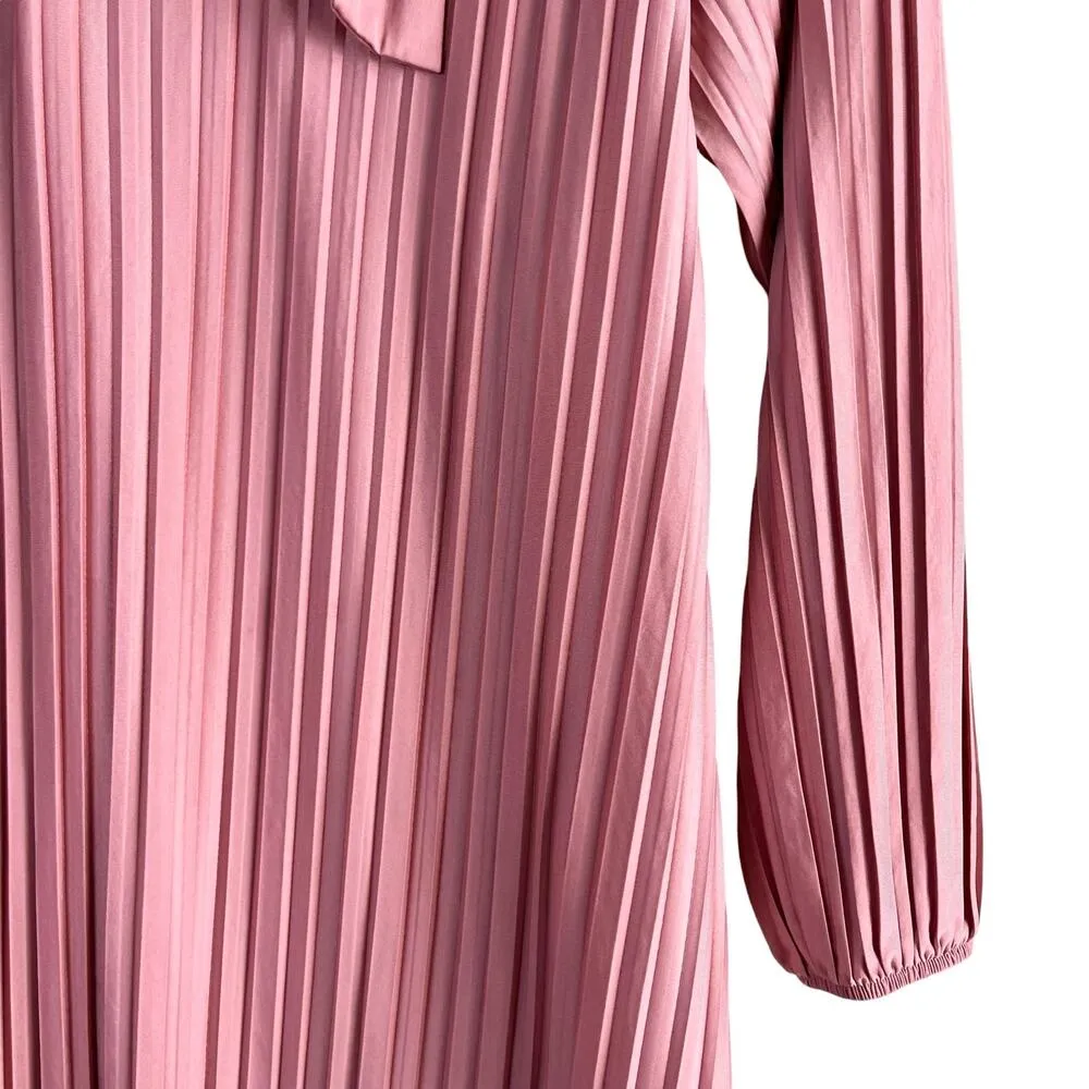 Zara Pleated Long Sleeve Tie-Neck Mini Dress in Dusty Rose Pink Bloggers Fave, M - Image 7