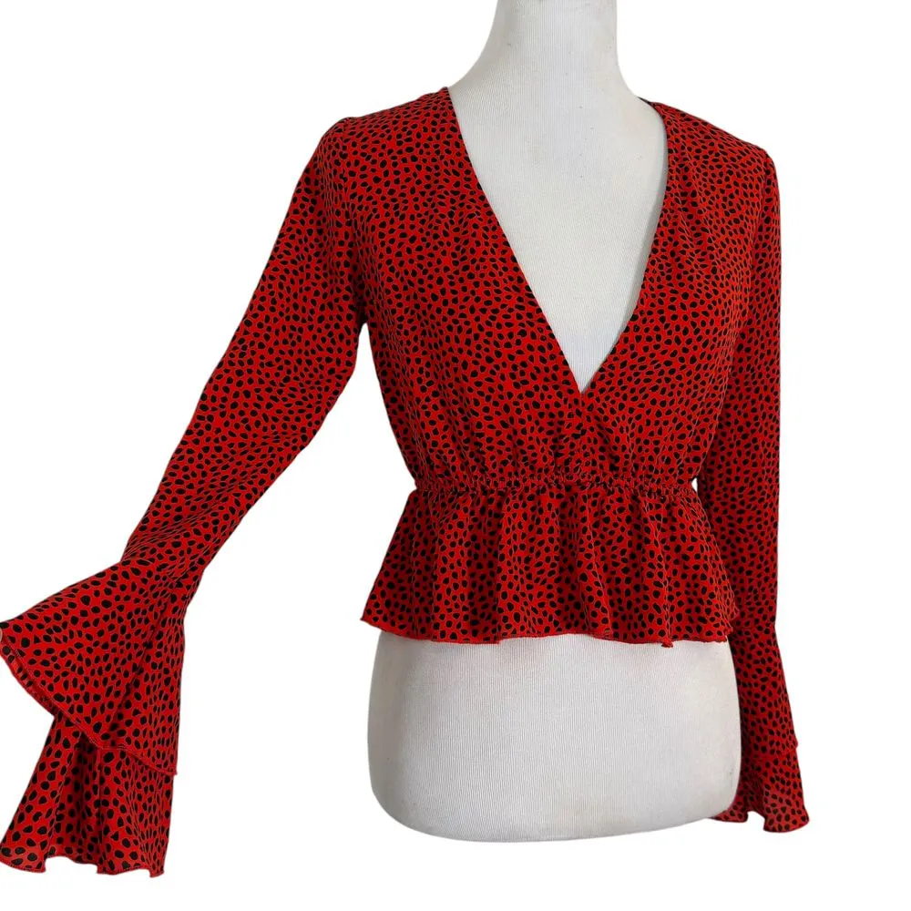 Nasty Gal Deep V Neck Top Size 2 Red Peplum Ruffle Long Sleeve Romantic Feminine - Image 2