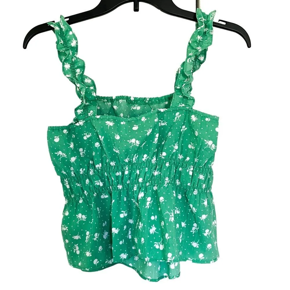 H&M Green White Floral Sleeveless Peplum Shirred Tank Top Blouse Size Small - Image 4