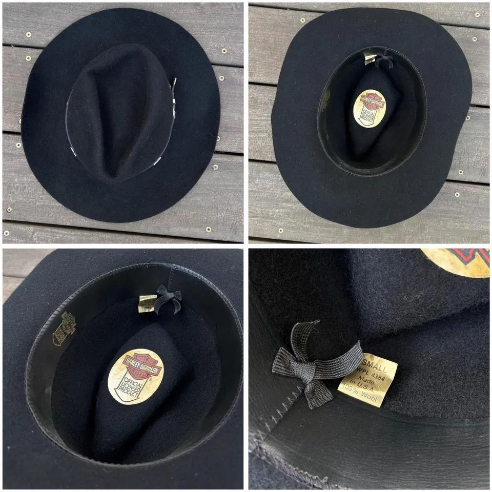 Vintage Black Wool Harley Davidson Cowboy Hat w/ Leather Strap Silver Buckle USA - Image 7