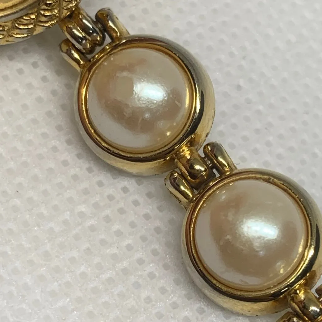 Vintage Unitron gold tone 22mm quartz analog faux pearls link band 7” running - Image 6