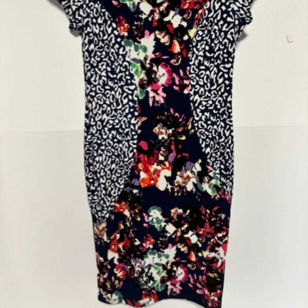 Marilyn Monroe XL Sheath Dress Navy Floral Animal Print V Neck Feminine Bold - Image 2