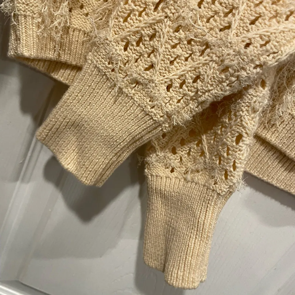 NWT J. Crew Size S Cream Pointelle Fringe Knit Crewneck Pullover Sweater - Image 4