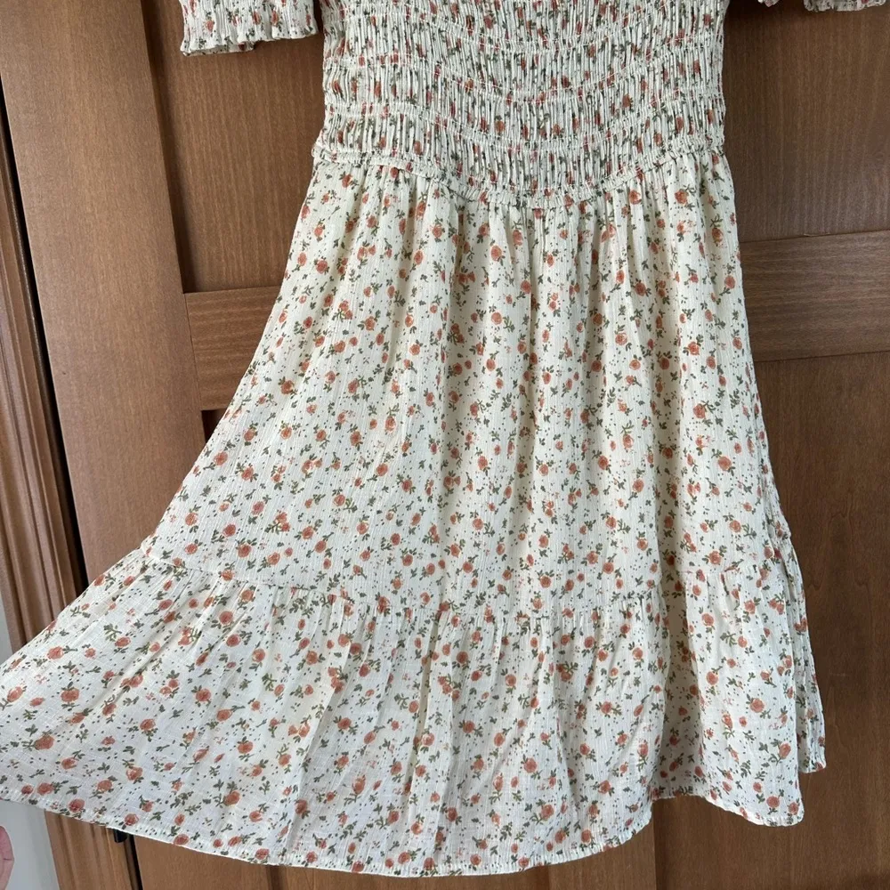 MINE Cream with Peaches Ruffle Mini Dress size Medium​​ Orange - Image 3
