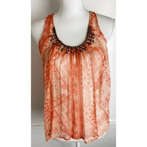 Joie • Orange Tribal Geo Print Stud Sheer Tank - Image 16