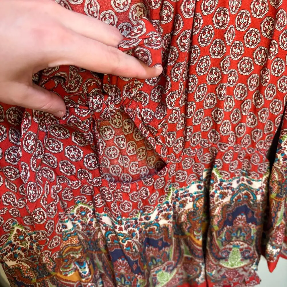 Cotton Candy Red Boho Plunge Tie Front Romper Long Sleeve Small Flowy Shorts - Image 8