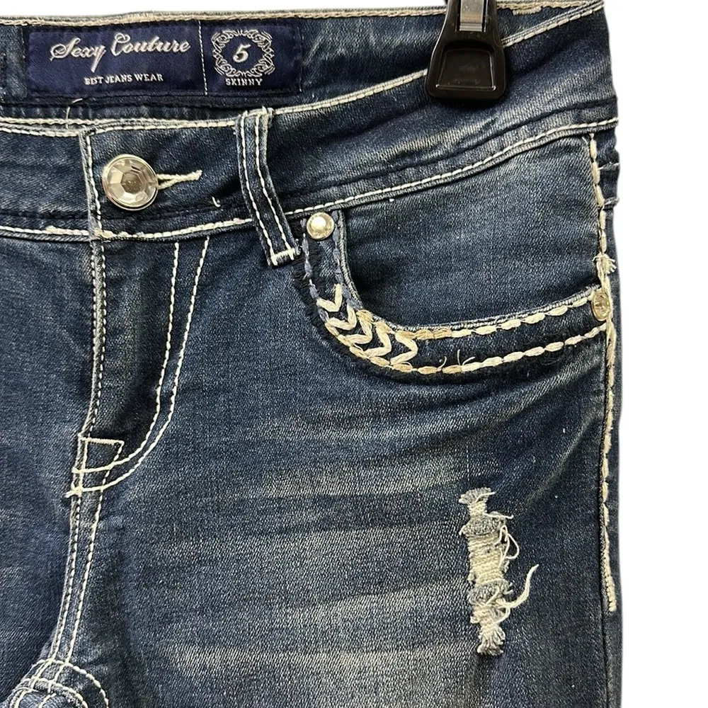 Denim Sexy Couture Mid Rise Embroidered Gem Skinny Stretch Blue Jeans Juniors 5 Size undefined - Image 4