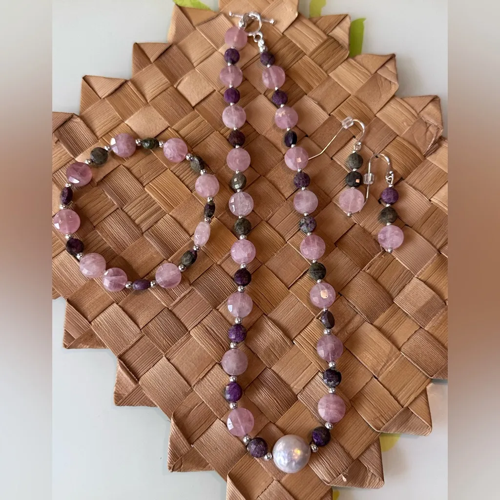 Rose Quartz Atlantisite Coin & freshwater pearl Set in .925 Sterling Silver S14 Pink - Image 10