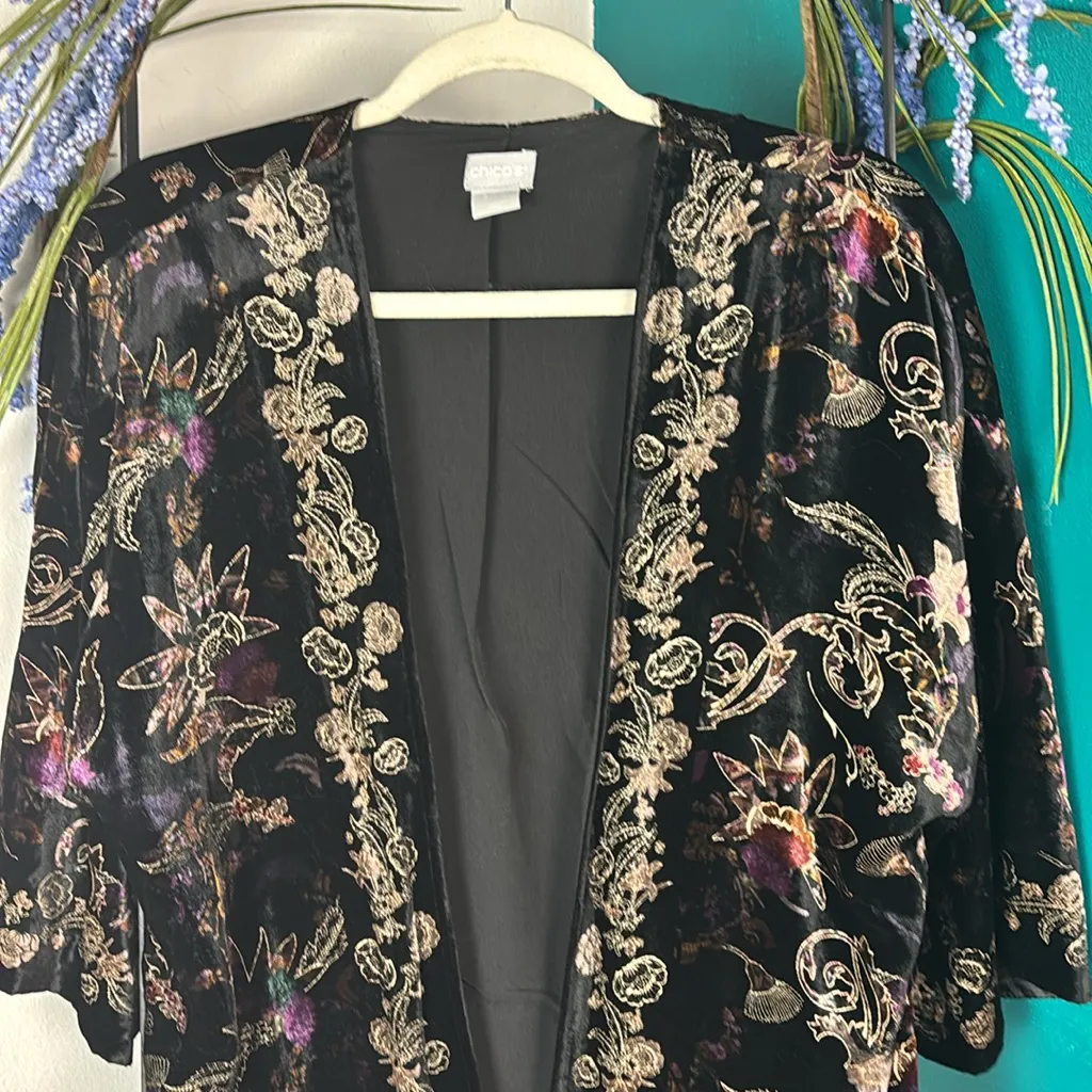 Chico's Black Crushed Velvet Jewel-Toned Floral Imprinted Oversized Boho… - Image 9