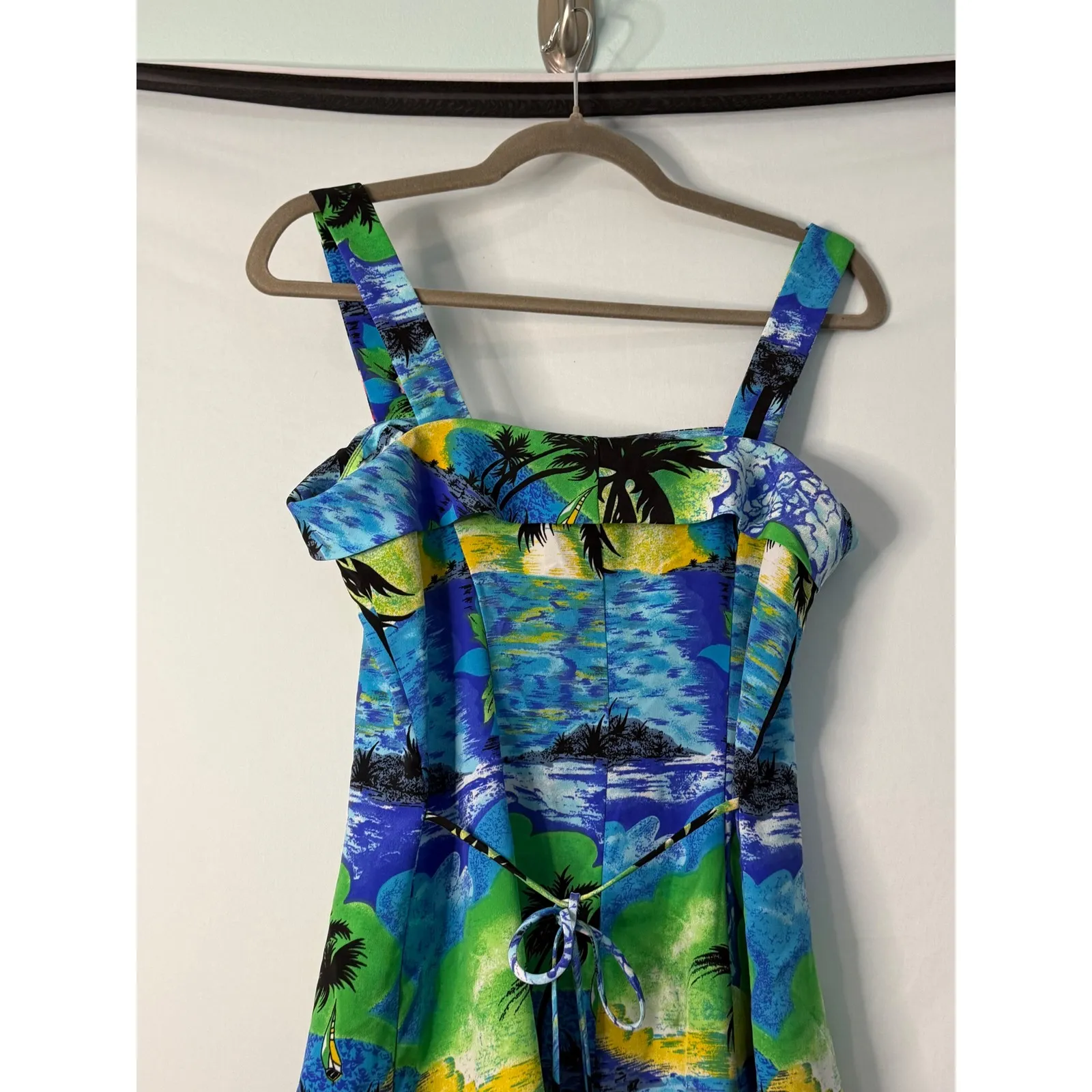 VTG Coco Bianco Tropical Island Palm Tree Hawaiian Print Midi Dress Size 8 - Image 7