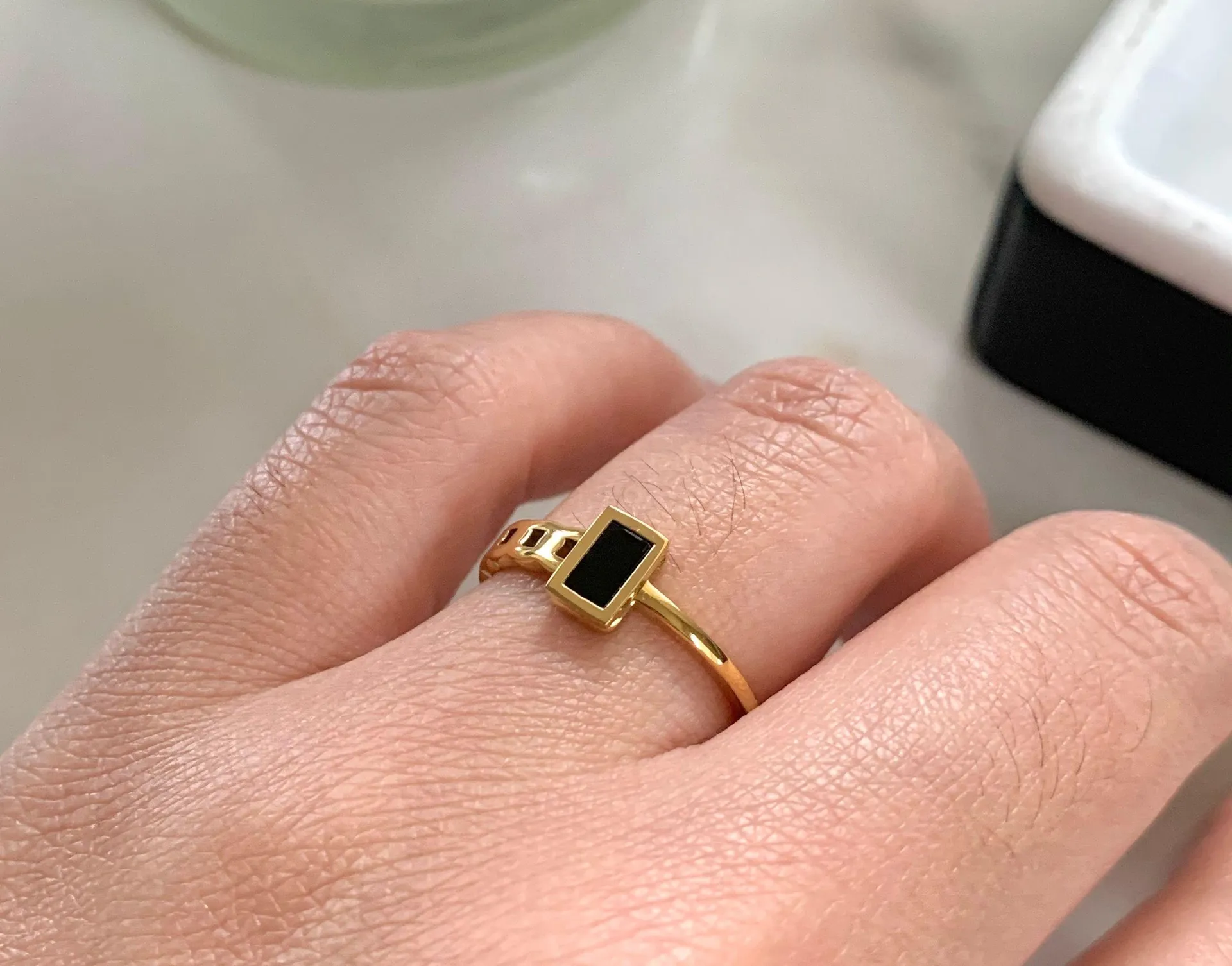Black Enamel Ring, Black Band Ring, Gold Chain Ring - Image 4