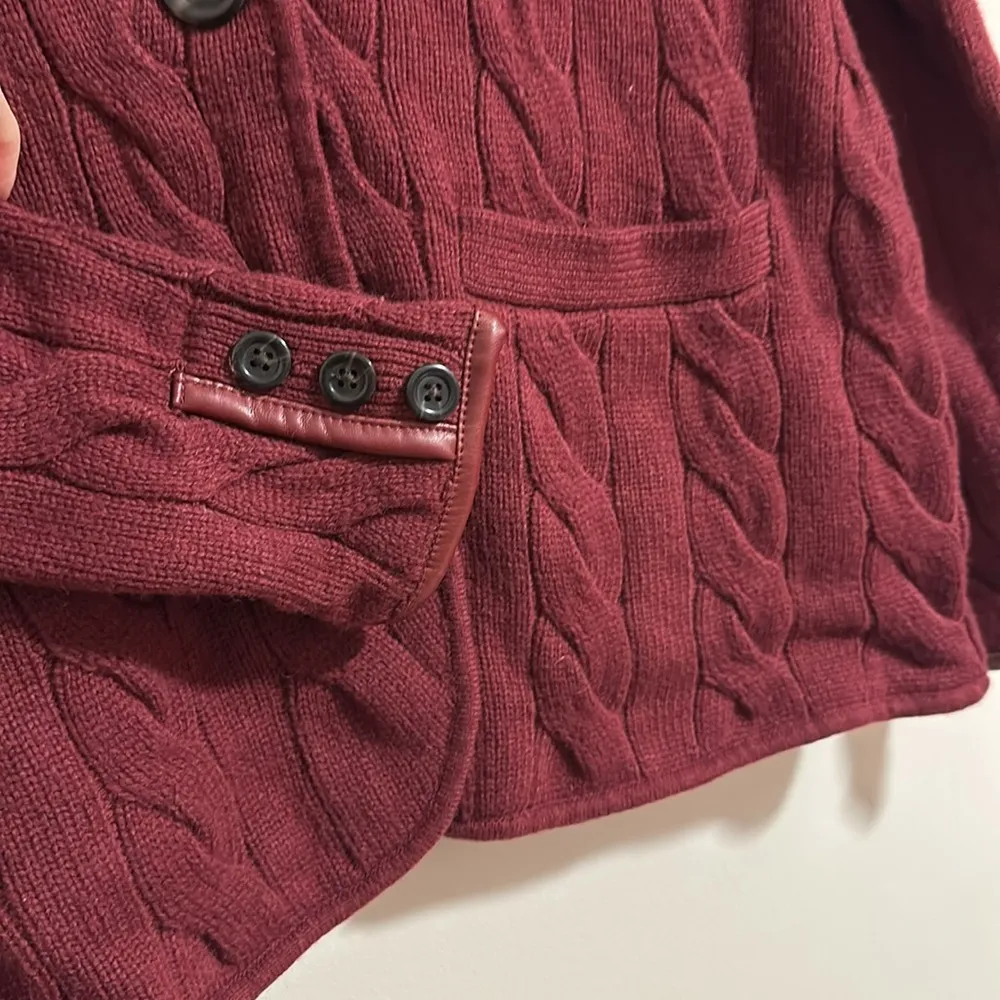NWT Talbots burgundy cable knit sweater cardigan blazer faux leather trim button - Image 4