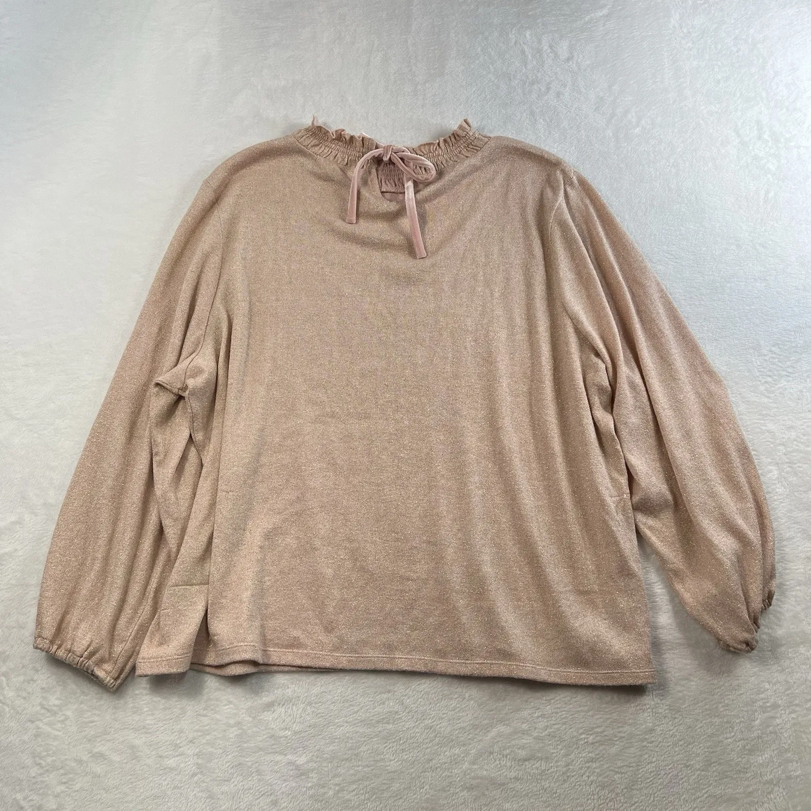 TALBOTS Plus 3X Sparkle Knit Ruffle Mock Neck Sweater Balloon Sleeve Blush Pink - Image 5