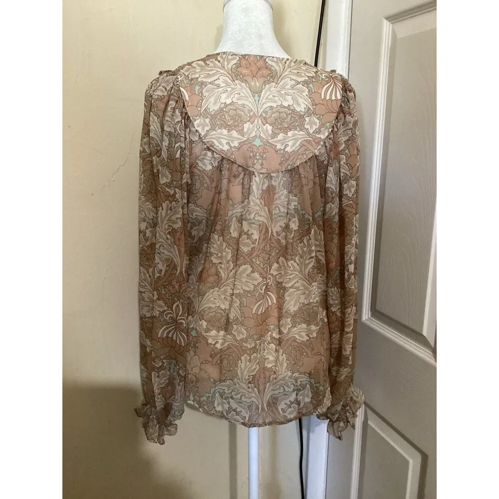 Bishop & Young Tan Floral Sheer Long Sleeve Blouse Boho Peasant S - Image 4