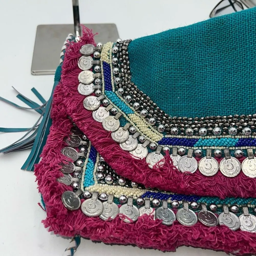 Ethnic Boho Colorful Beaded Bag Blue - Image 3