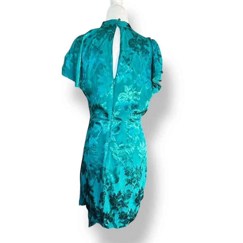 Saylor Cindylou Cocktail Dress Teal Satin Jacquard Floral Draped Hem Mini Dress - Image 5