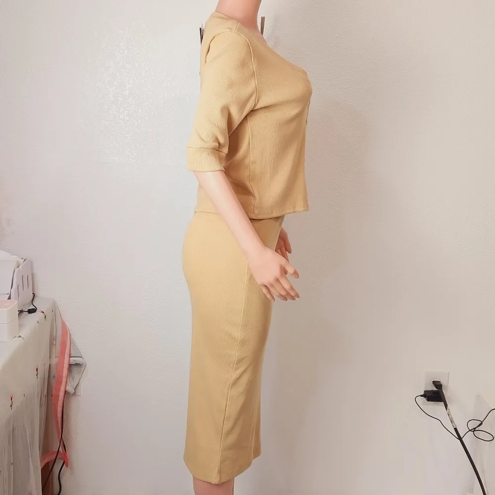 Bagatelle Camel Tan Stretch Cotton 2Piece Midi Pencil Skirt Top Set Sz: S - Image 7