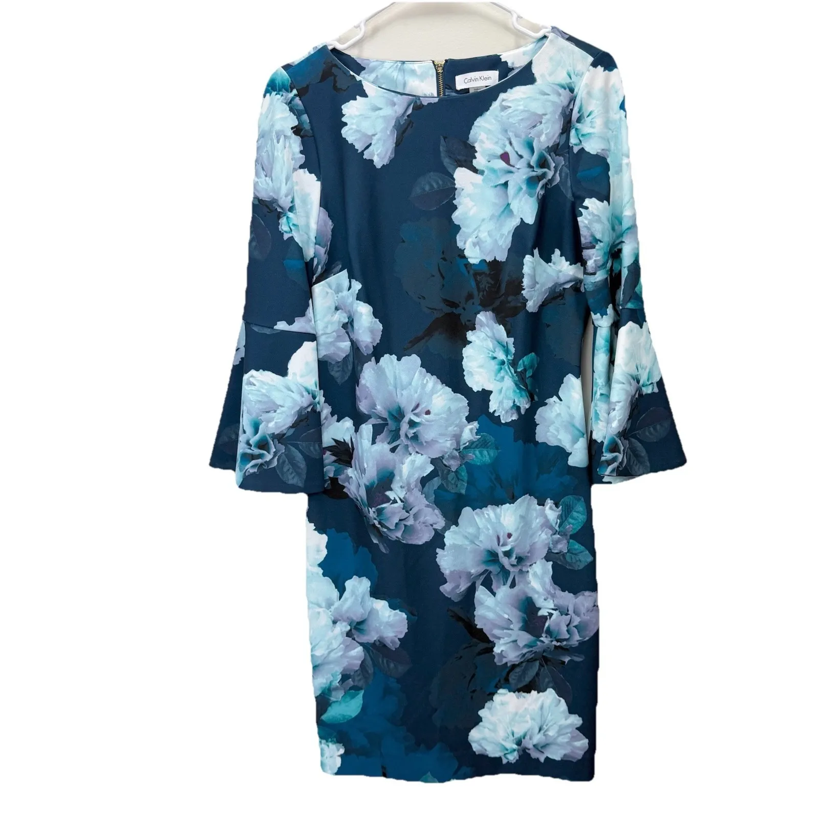 Calvin Klein Blue Floral Bell Sleeve Stretch Crepe Sheath Dress‎ Size 6 - Image 3