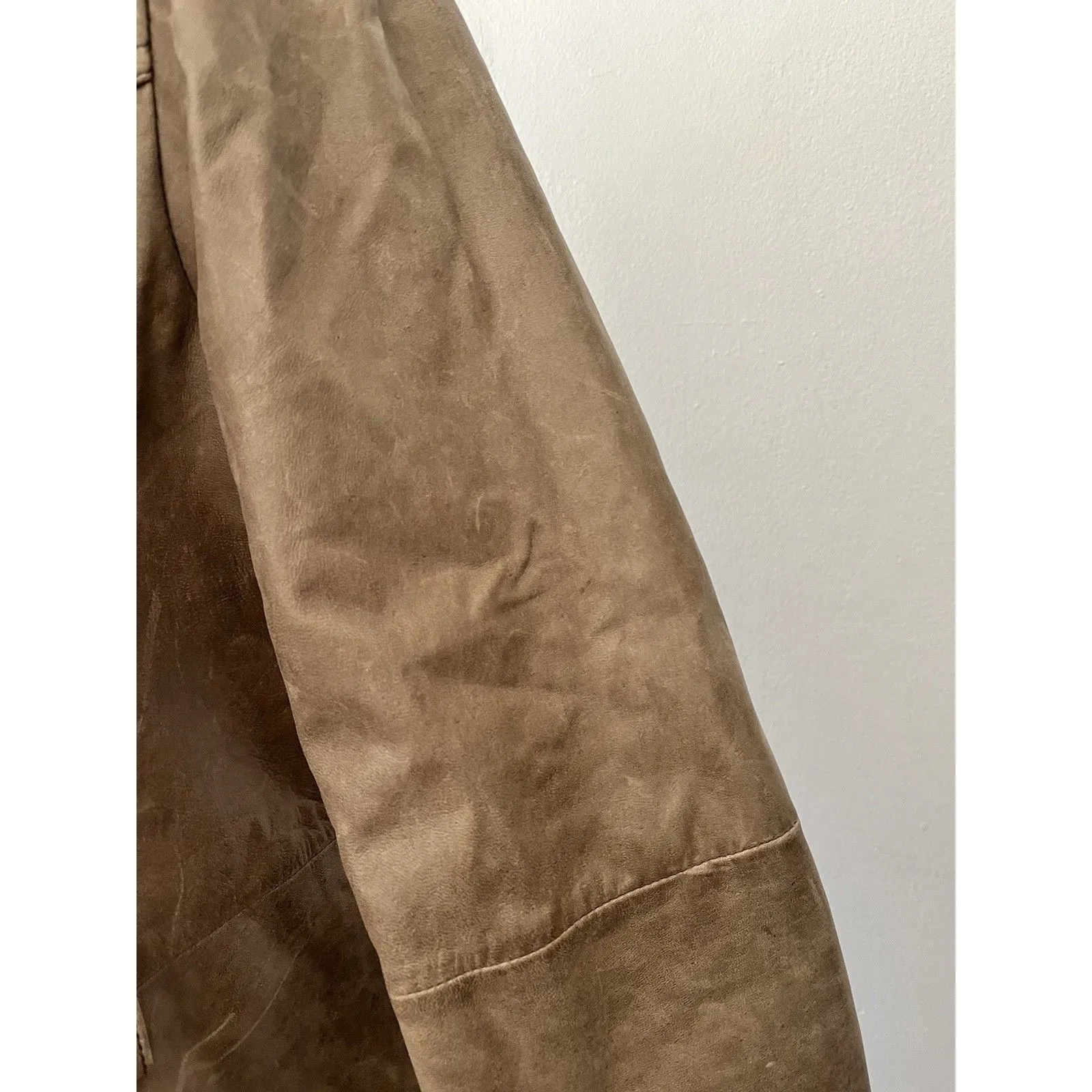 Vintage Beige Leather Distressed Double Breasted Blazer Jacket Missing Belt S - Image 3