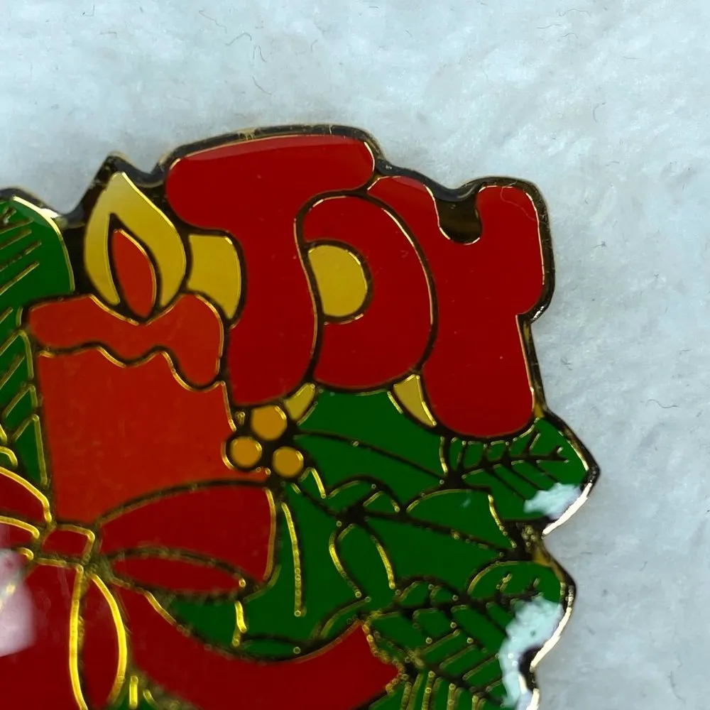 Christmas Holiday Enamel Pin Brooch Joy Candle Holly Bow Vintage - Image 6