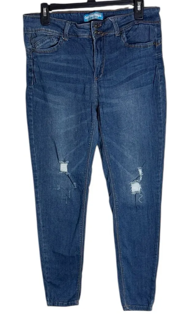 Wax Jean Get Your Rayon Mid Rise Medium Denim Distressed Blue Jeans sz Junior 13 - Image 1