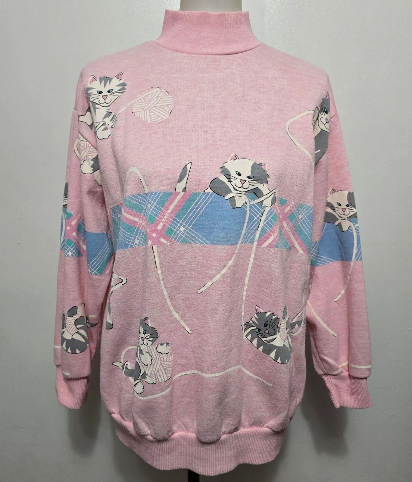 Vintage Gitano 80s Pink Cat Sweatshirt Mock Neck 90s Knit Novelty Pullover M Size M - Image 1