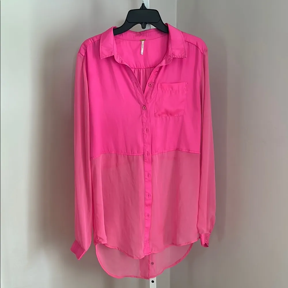 Free People Pink Best of Both Worlds Sheer Top Women's Button-Up Blouse Size Med - Image 2