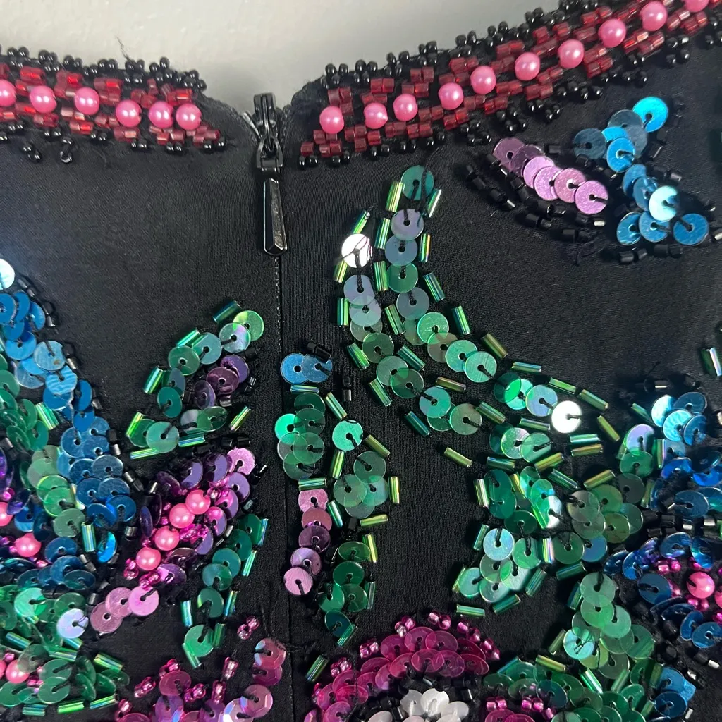 VTG 80s Black Tie Women's Floral Beaded Sequin Ball Gown Midi silk Dress Size 10 - Image 6