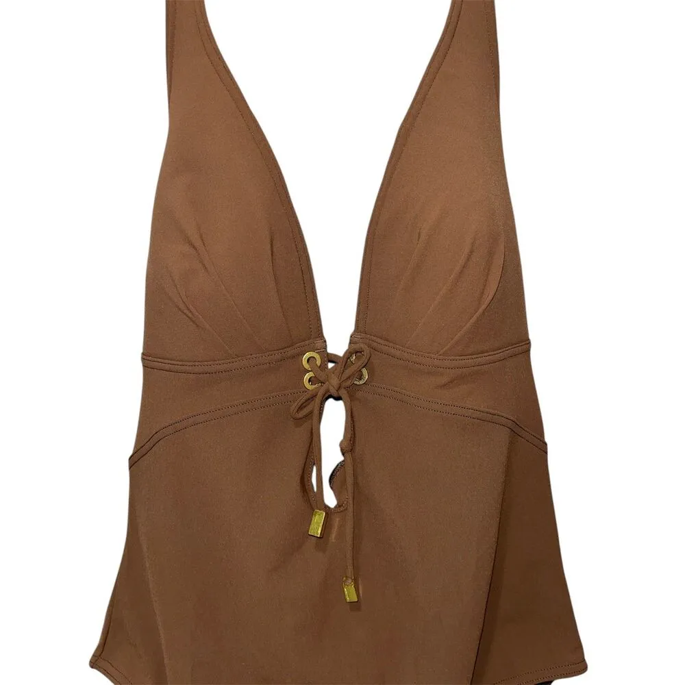 Michael Kors Women's Halterneck One Piece Swimsuit Brown Size 10 Gold Accents - Image 7
