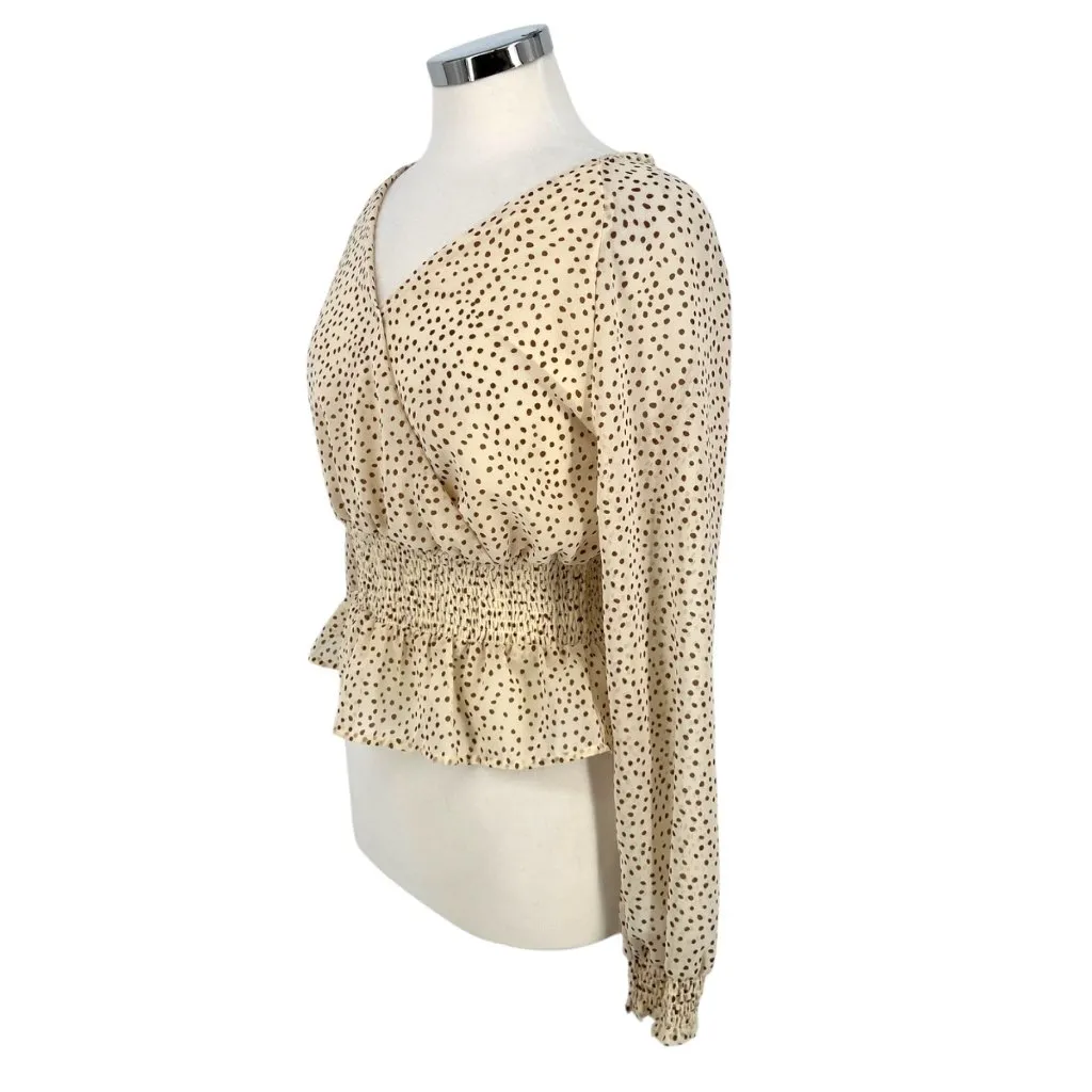 Japna Polka Dot Faux Wrap Blouse Smocked Waist Cream Beige Size Medium - Image 5