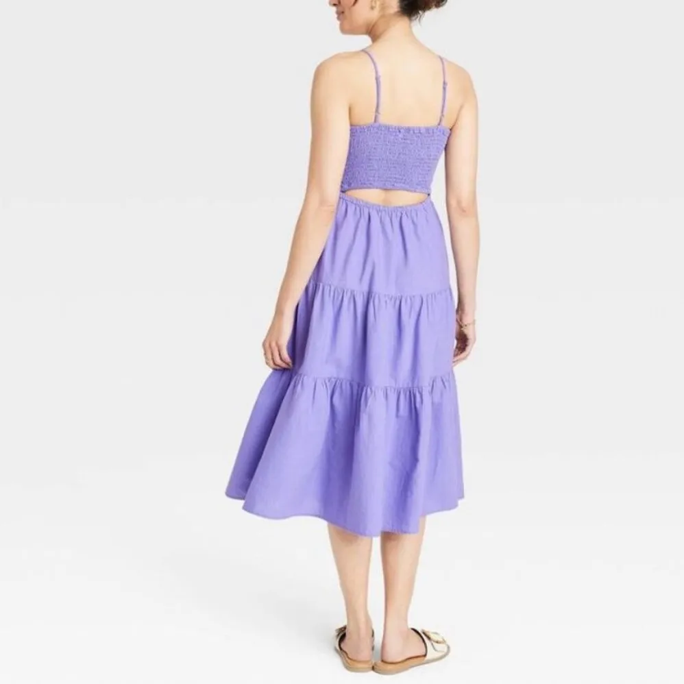 UNIVERSAL THREAD Purple Smocked Linen Midi Dress Medium - Image 3