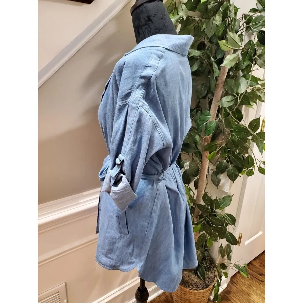 Hommage Women's Solid Blue 100% Cotton Long Sleeve Belted Jacket Size Small - Image 7