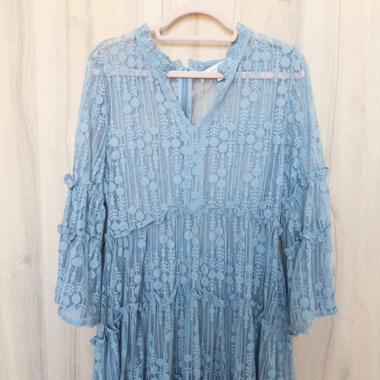 Sundance Lace Tiered Ruffle Midi Dress Sz LP Blue Boho Fairy Cottage Shabby Chic - Image 2