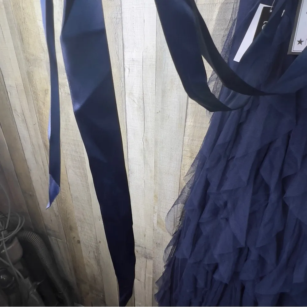 Teeze Me Size 13 Floral Embroidered Layered Tull Belted Halter Neck Evening Gown - Image 12