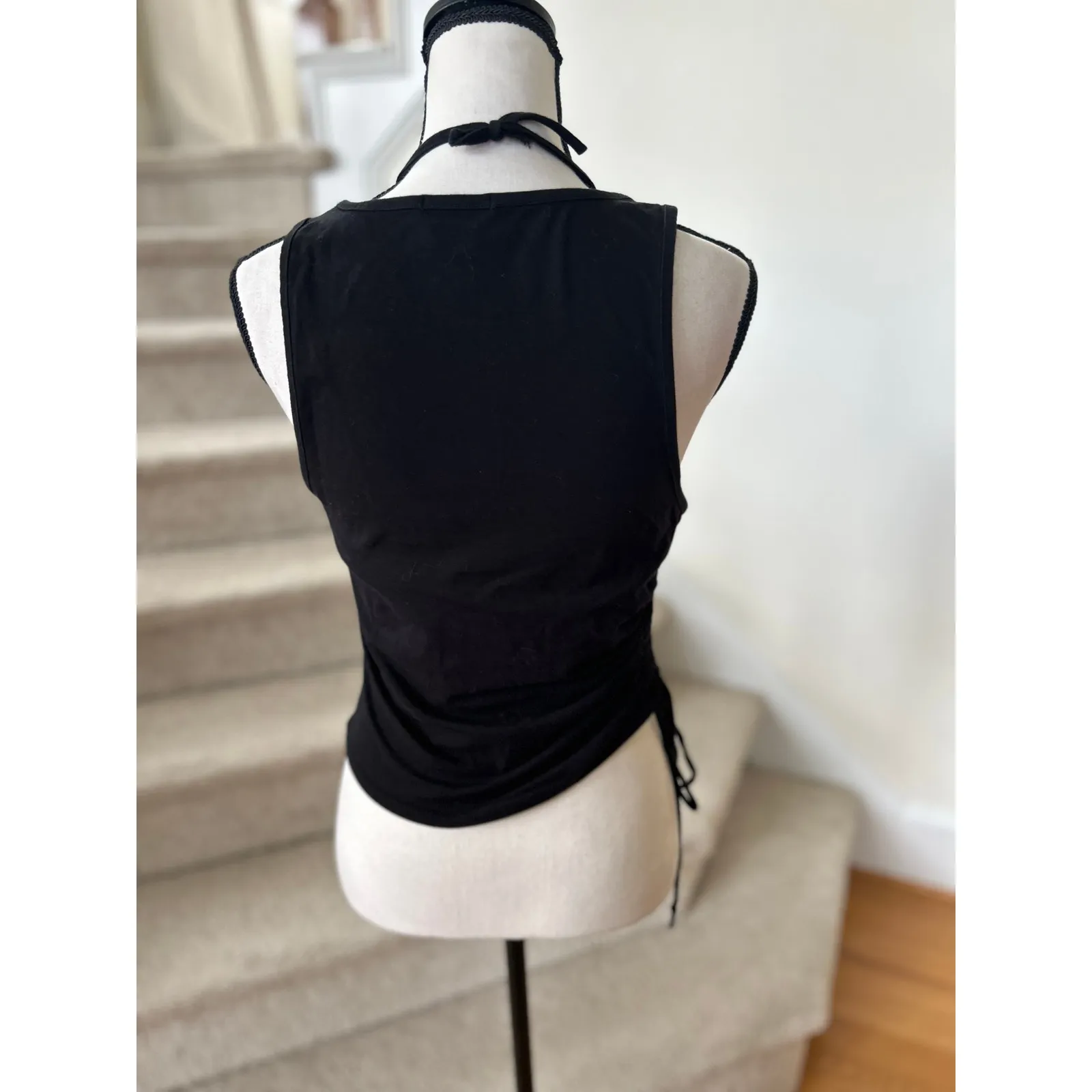 Hot Topic Black Ruched Mesh Halter Rhinestone Heart Moto Graphic Tank Top - Image 3