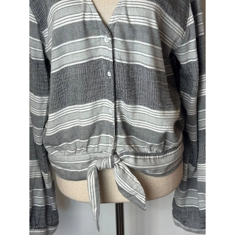 Bella Dahl Shirt‎ Women Large Gray Black Striped V Neck Tie Waist Top Preppy - Image 6