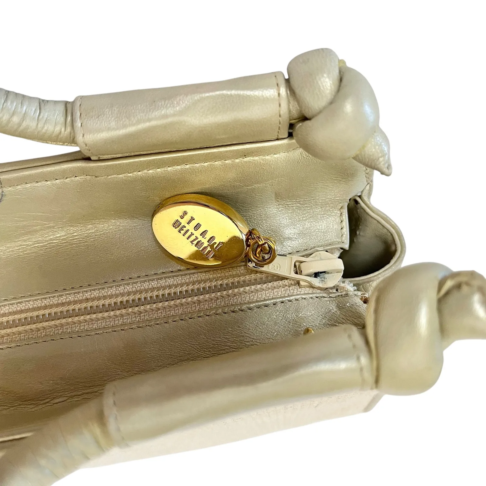 Vintage Stuart Weitzman Shimmering Leather Woven Straw Evening Bag Satchel - Image 7