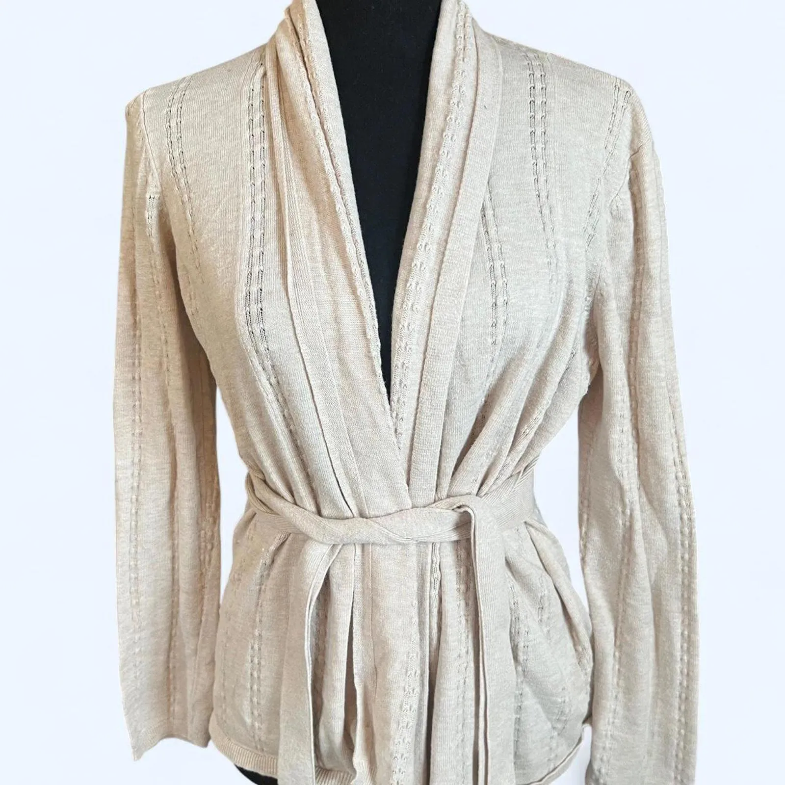 Vintage Y2K Bellini cream open front cardigan with tie waist Size Medium Tan - Image 2