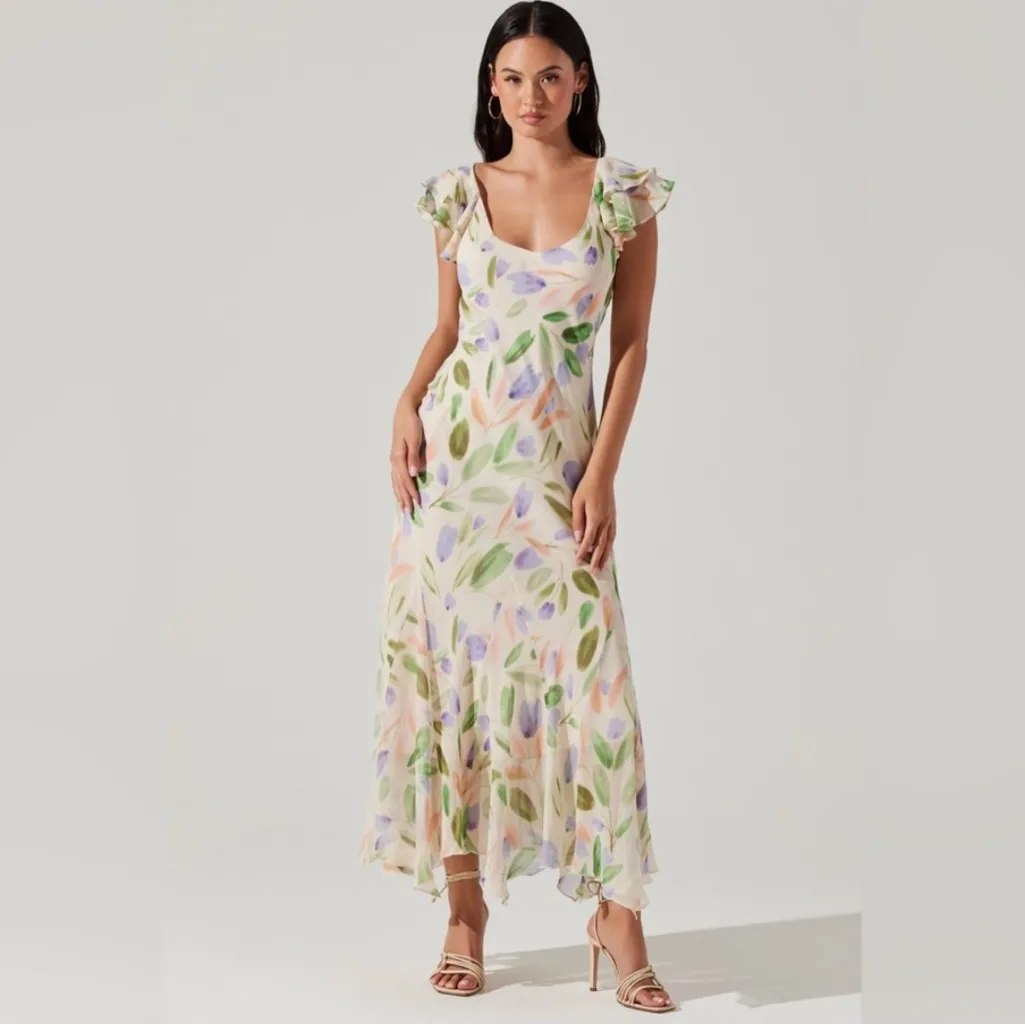 NEW ASTR the Label Wisteria Chiffon Dress Size L‎ Floral Maxi Blue Multi Pink Size L - Image 2