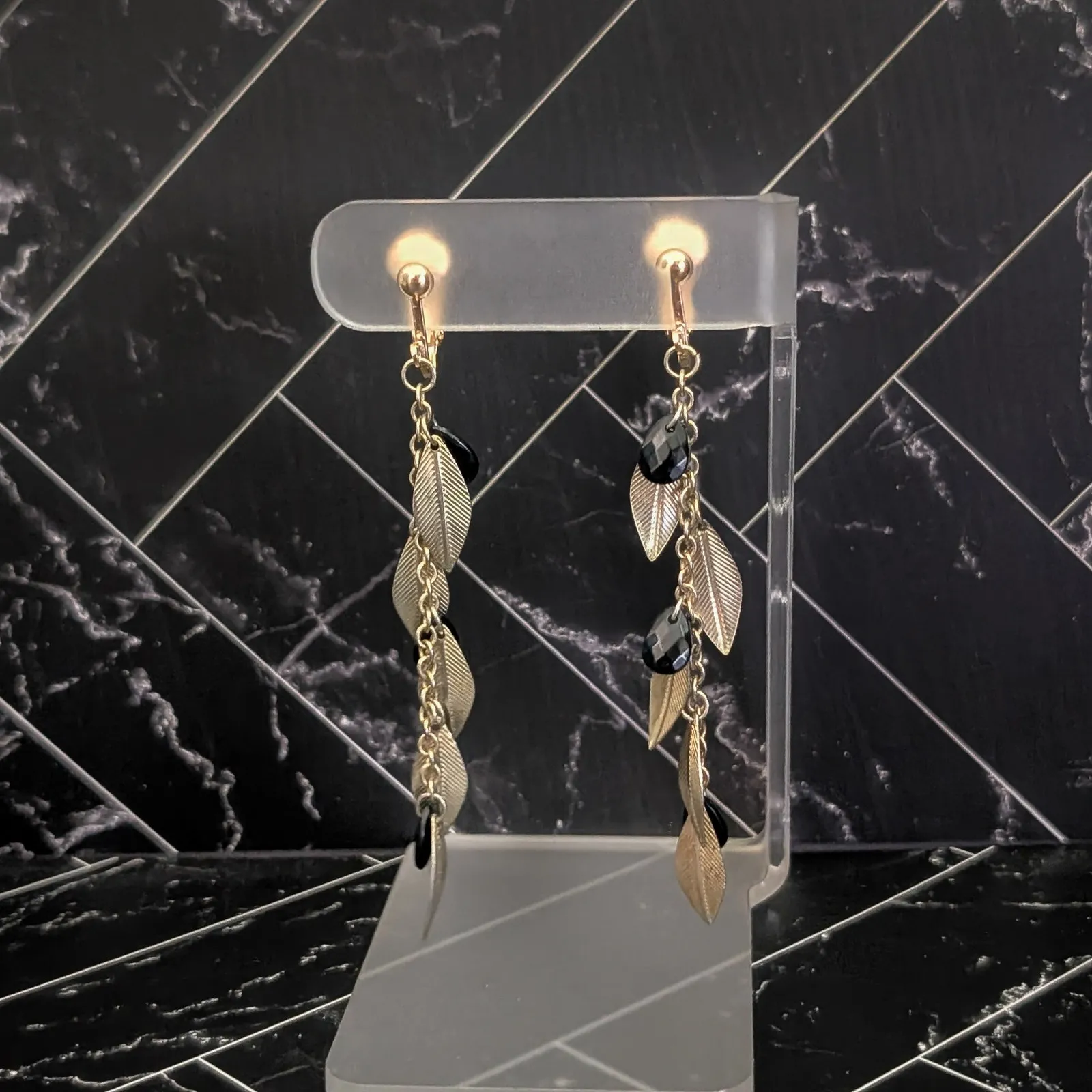 Vintage Clip On Earrings 3.5" Extra Long Dangle Gold Tone Leaves Black Accents - Image 2