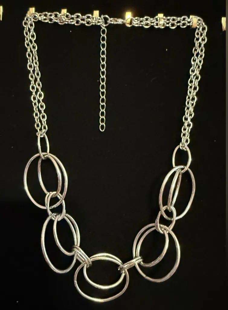 Vintage Silvertone Statement Necklace, layered geometric circles on double chain Silver - Image 2
