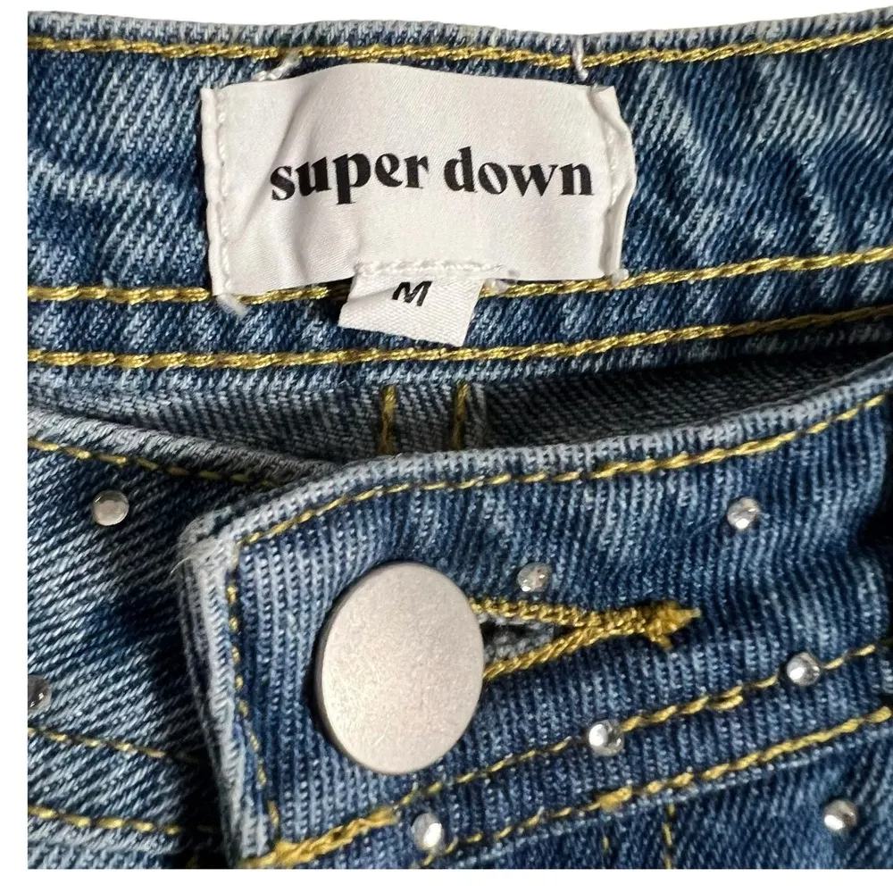 Superdown Kierra Rhinestone High Waist Raw Hem Denim Blue Jean Shorts Size M - Image 5