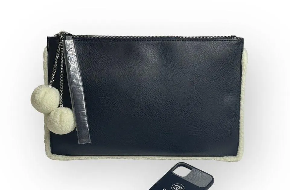 new Carlos Santana 𒀭Vegan Leather Faux Fur Pom Pom Clutch Handbag Bag 𒀭Black - Image 5
