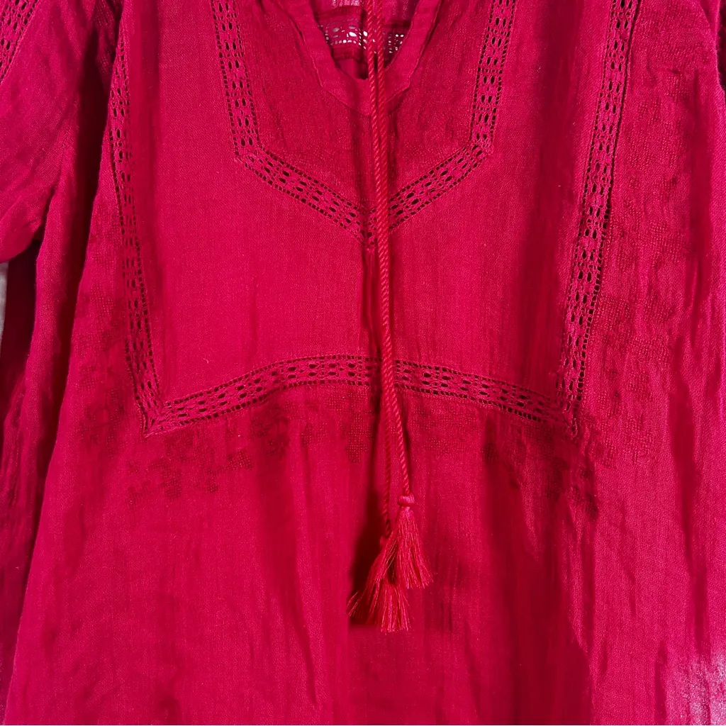 Lucky Brand Boho Ren Faire Cotton Top With Embroidery and Tasseled Drawstrings - Image 4
