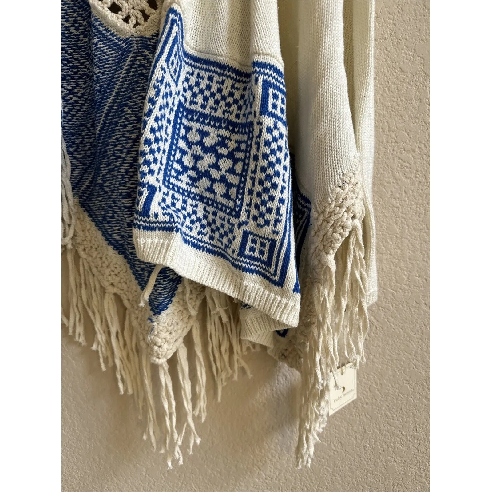 NEW Ruby Moon Ivory Blue Boho Crochet Fringe Cardigan Aztec Native American S - Image 3